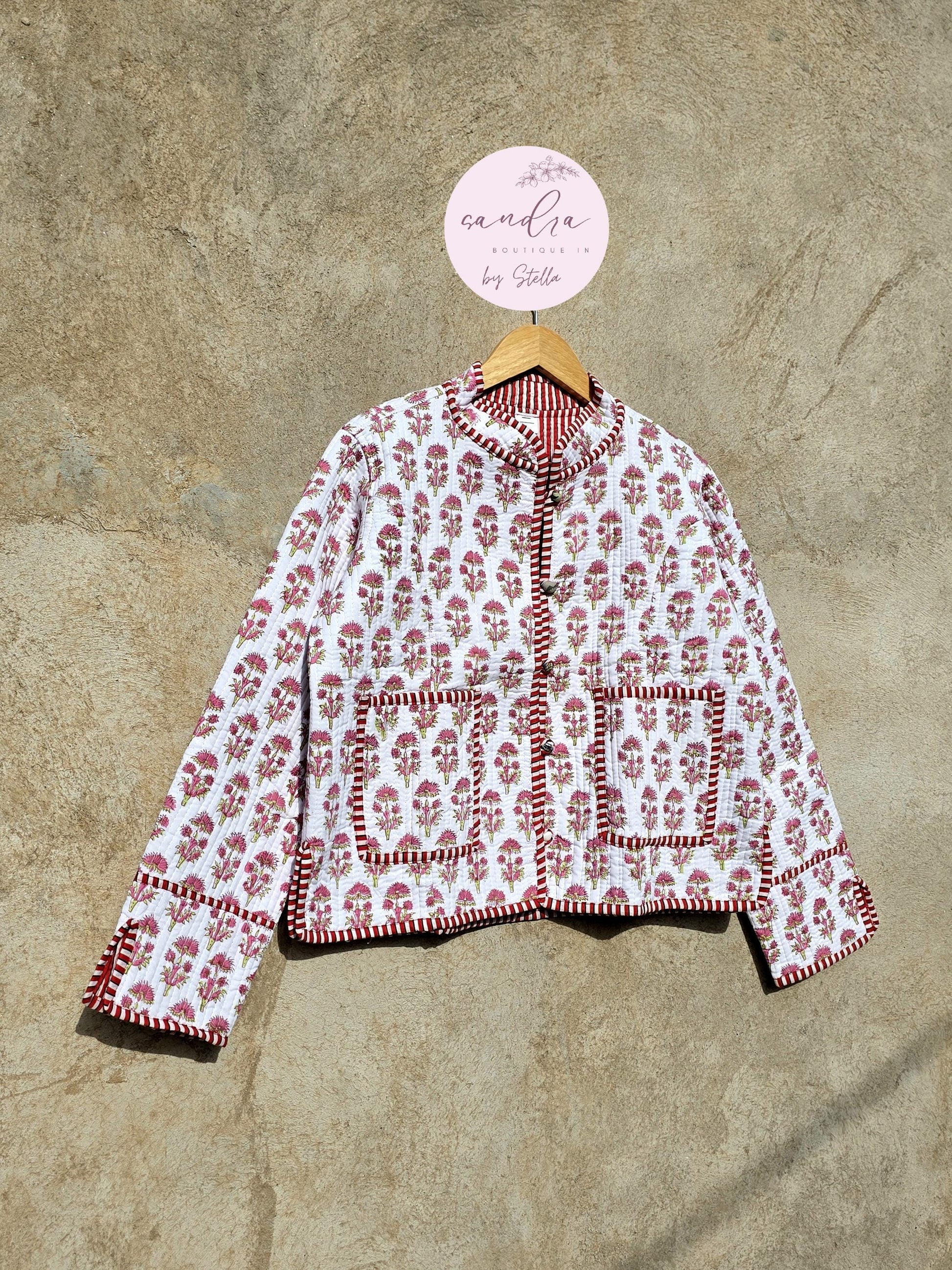 Cotton Handmade Kantha Quilted Jacket, White & Red Floral Reversible Women's Soft Coat, Vintage Indian Kimono Boho Jacket, Gift for Her