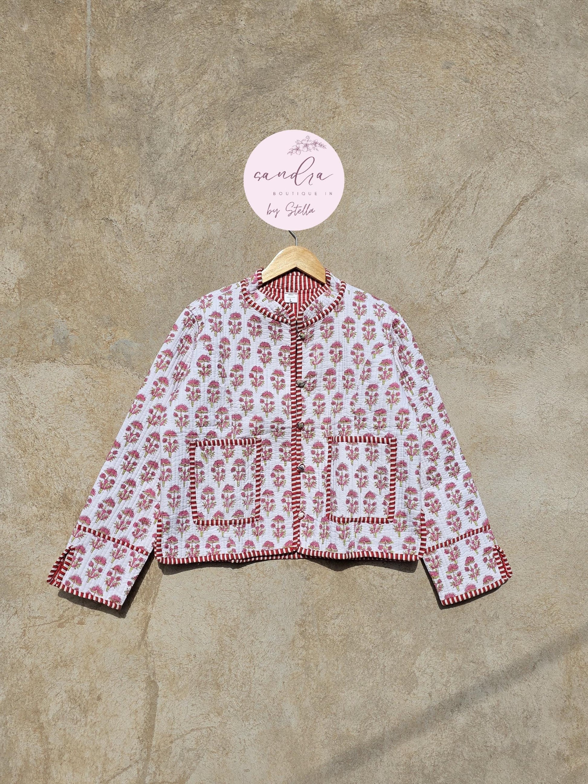 Cotton Handmade Kantha Quilted Jacket, White & Red Floral Reversible Women's Soft Coat, Vintage Indian Kimono Boho Jacket, Gift for Her