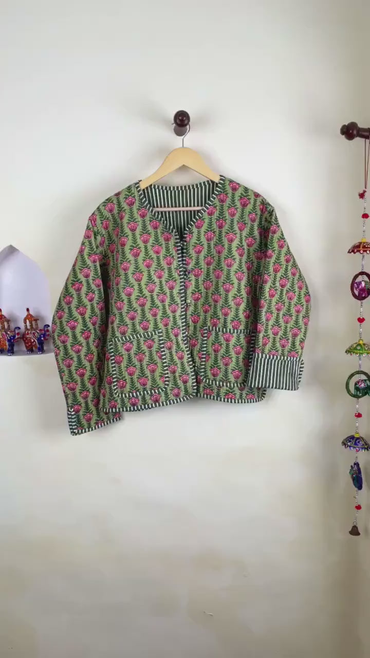 Cotton Handmade Kantha Jacket, Womens Clothing Quilted Reversible Coat, Kimono Indian Hand Printed Vintage Boho Vest, Valentine Gift for Her
