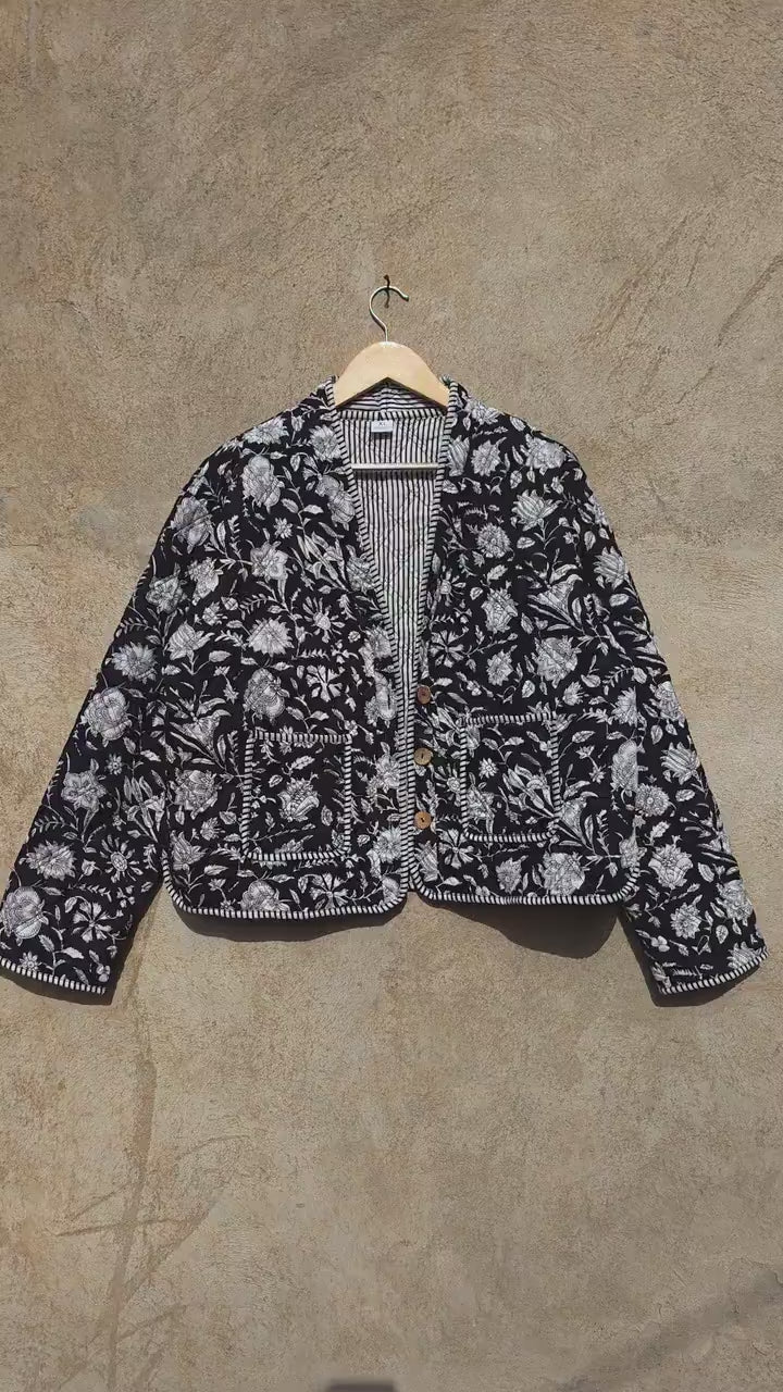 Handmade Cotton Quilted Jacket, Vintage Indian Black Floral Reversible Kantha V-Neck Coat Bohemian Hand Block Short Jacket, Gift for Her
