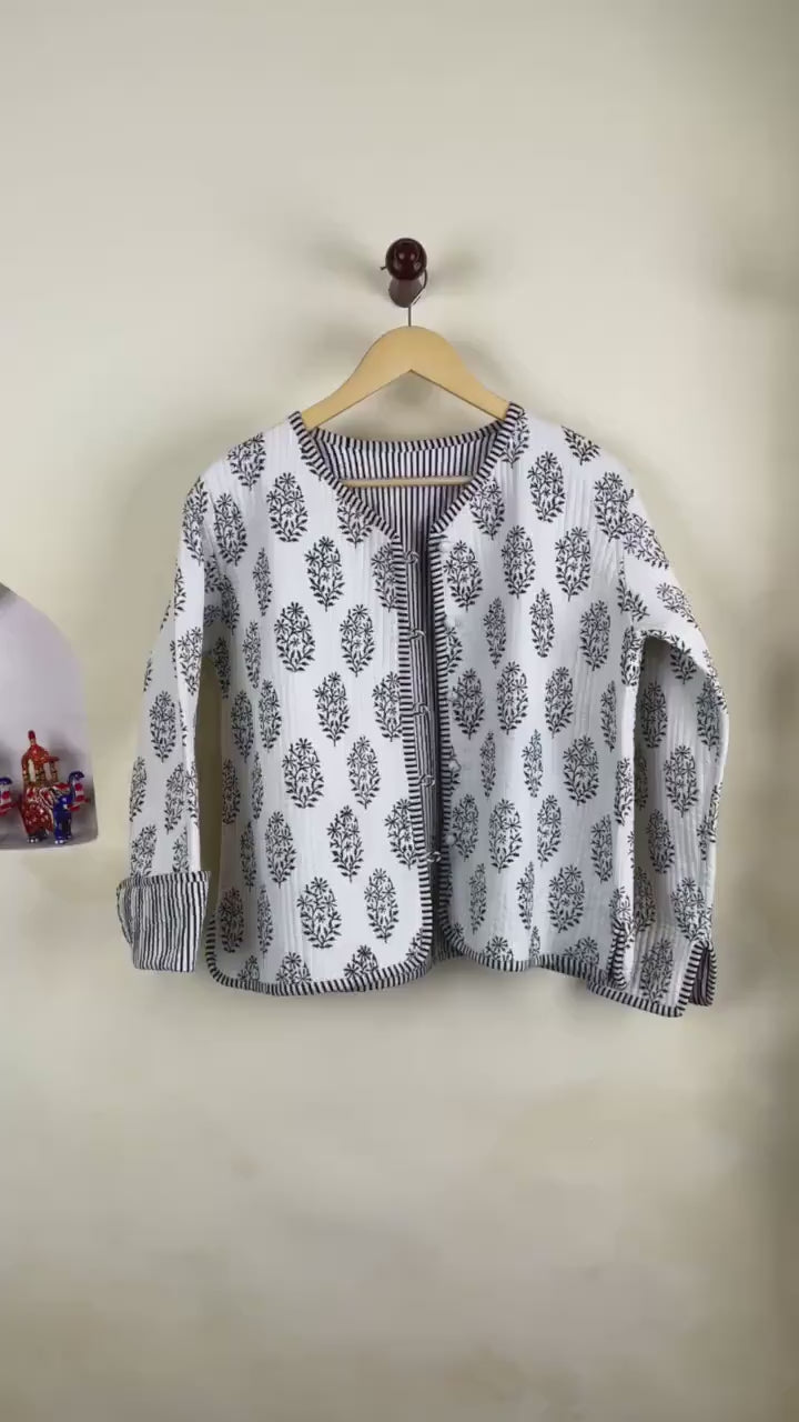 Cotton Handmade Kantha Jacket, Womens Clothing Quilted Reversible Coat, Kimono Indian Hand Printed Vintage Boho Vest Valentines Gift for Her