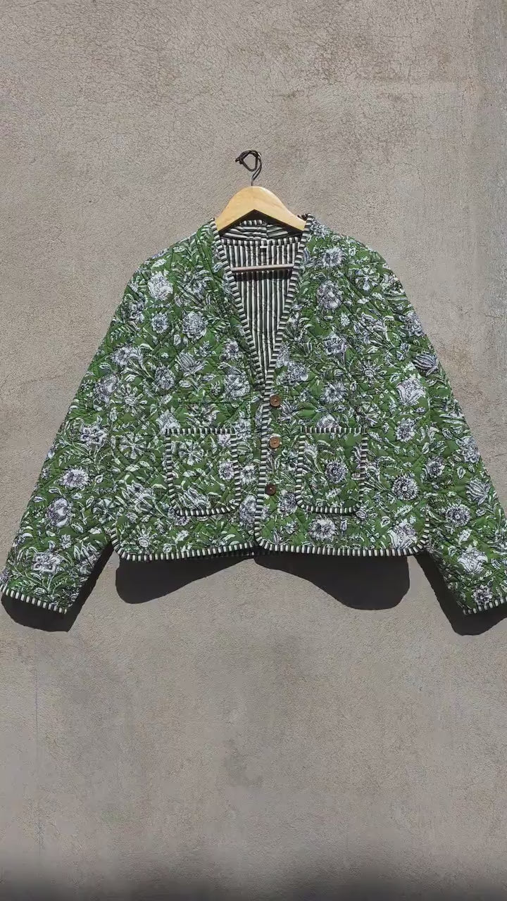 Indian Handmade Cotton Quilted Jacket, Vintage V-Neck Green & White Floral Reversible Kantha Coat, Bohemian Short Jacket, Gift for Her