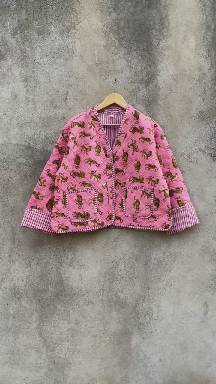 Cotton Quilted Jacket V-Neck New Style Kantha Jacket Hand Block Print Floral Indian Womens Clothing Coat, Boho Jacket Valentine Gift for Her