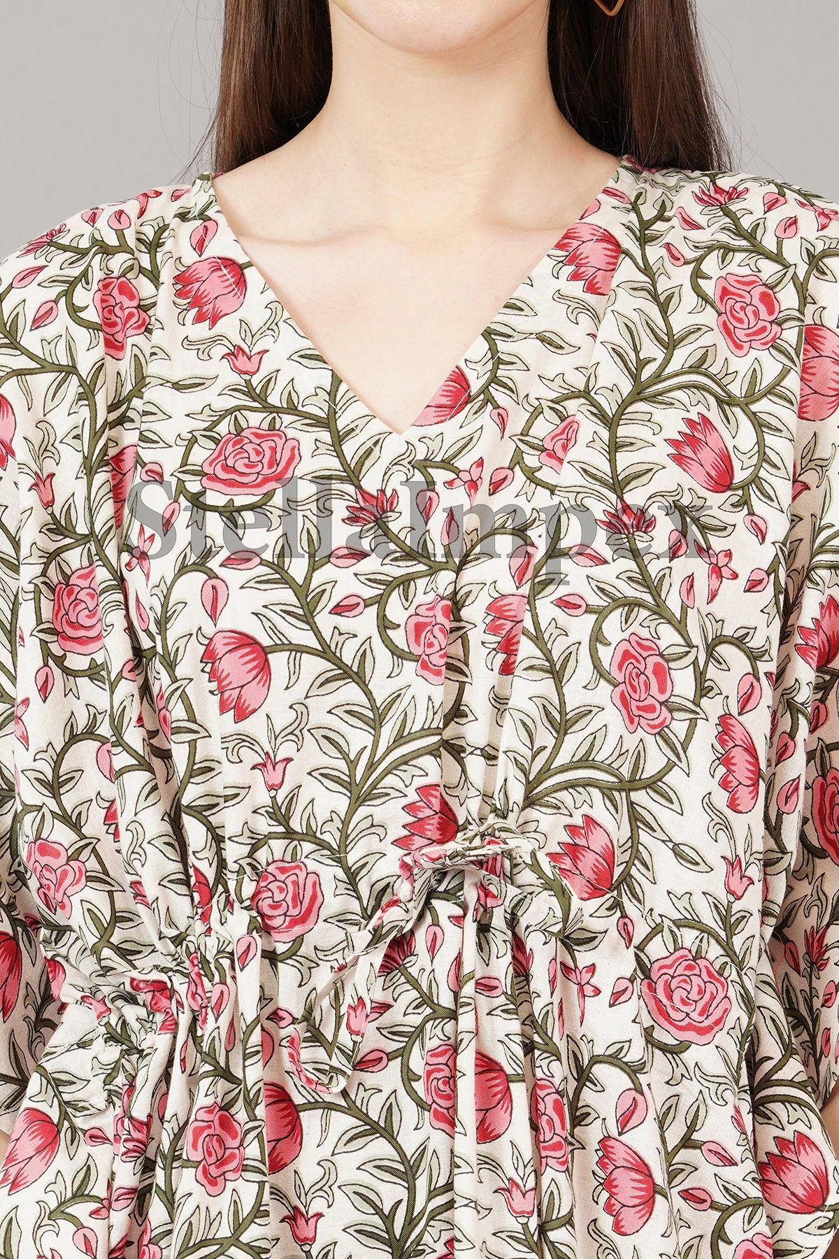 Trendy Handblock Print Cotton Kaftan, Elegant White & Pink Floral Long Caftan Resort Wear Beach Dress Boho Kaftan, Gift for Her