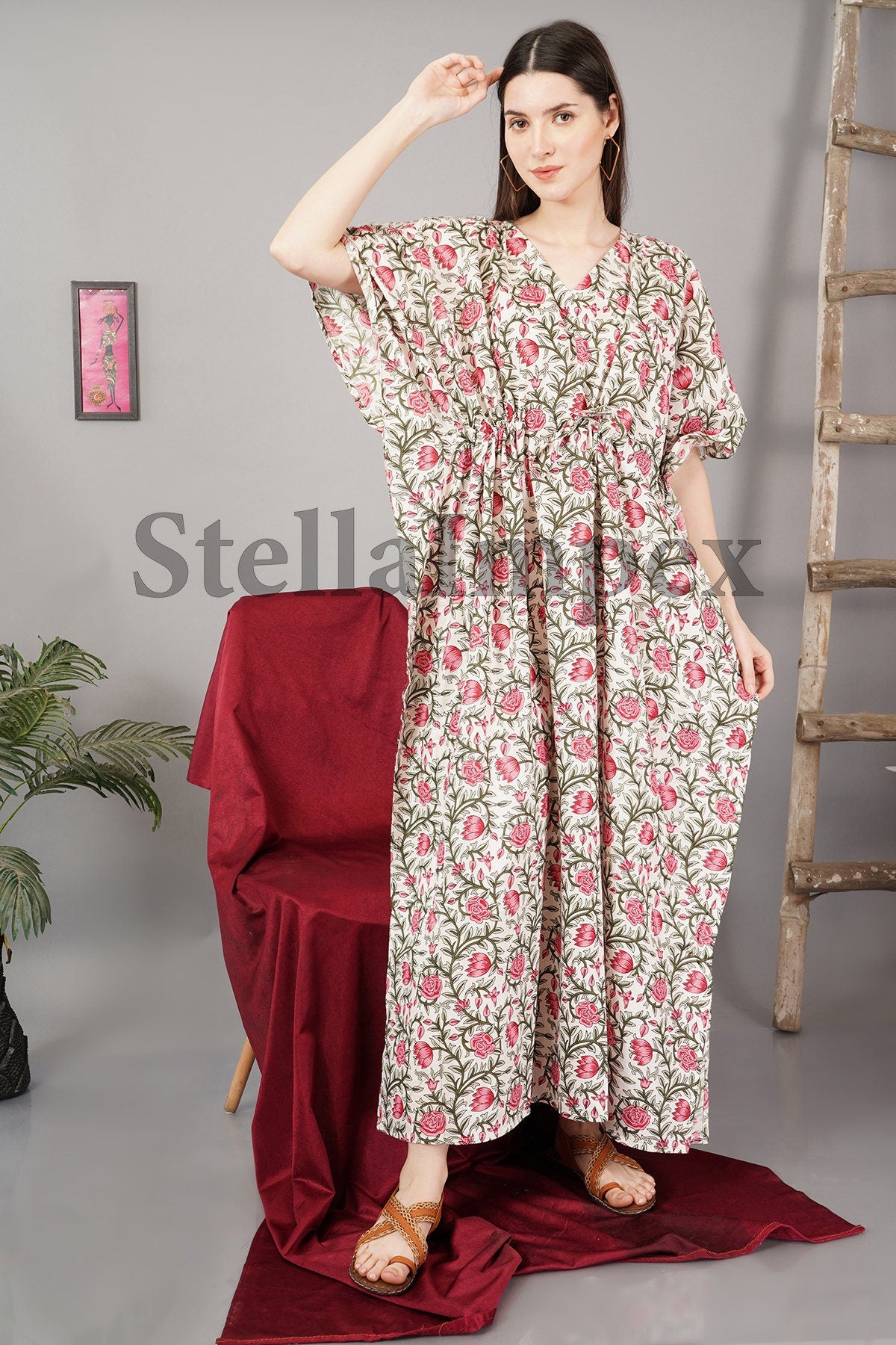Trendy Handblock Print Cotton Kaftan, Elegant White & Pink Floral Long Caftan Resort Wear Beach Dress Boho Kaftan, Gift for Her