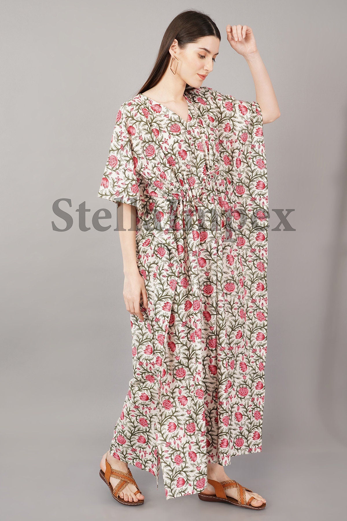 Trendy Handblock Print Cotton Kaftan, Elegant White & Pink Floral Long Caftan Resort Wear Beach Dress Boho Kaftan, Gift for Her