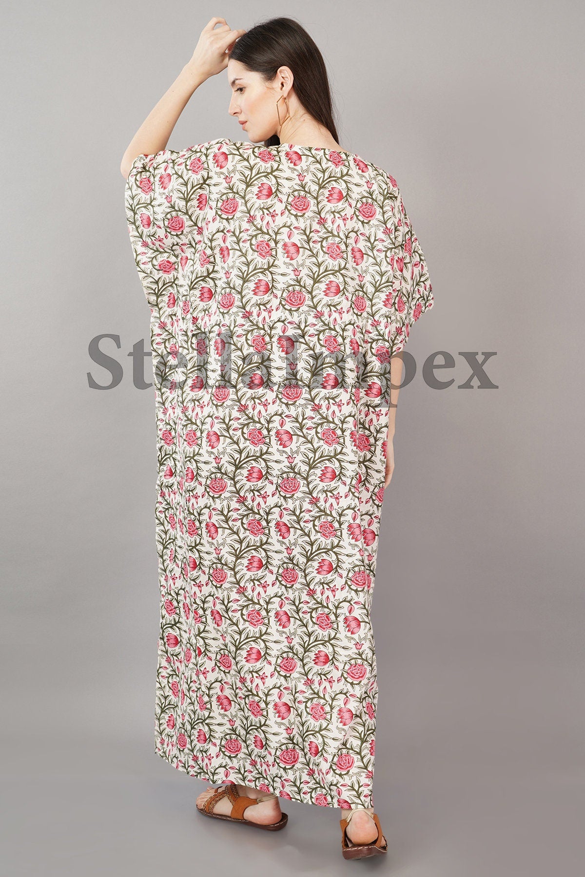 Trendy Handblock Print Cotton Kaftan, Elegant White & Pink Floral Long Caftan Resort Wear Beach Dress Boho Kaftan, Gift for Her