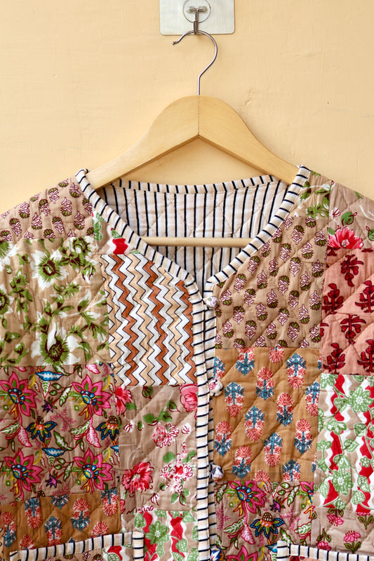 Cotton Handcrafted Kantha Jacket, Patchwork Women’s Quilted Reversible Coat, Kimono Indian Hand Printed Vintage Style Boho Vest Autumn Gift