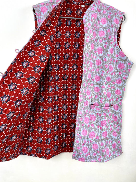 Indian Handmade Quilted Cotton Sleeveless Jacket Grey & Pink Stylish Women's Coat, Reversible Jacket for Her