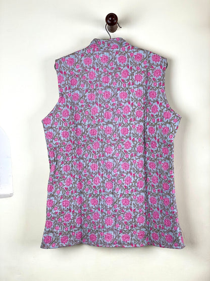 Indian Handmade Quilted Cotton Sleeveless Jacket Grey & Pink Stylish Women's Coat, Reversible Jacket for Her