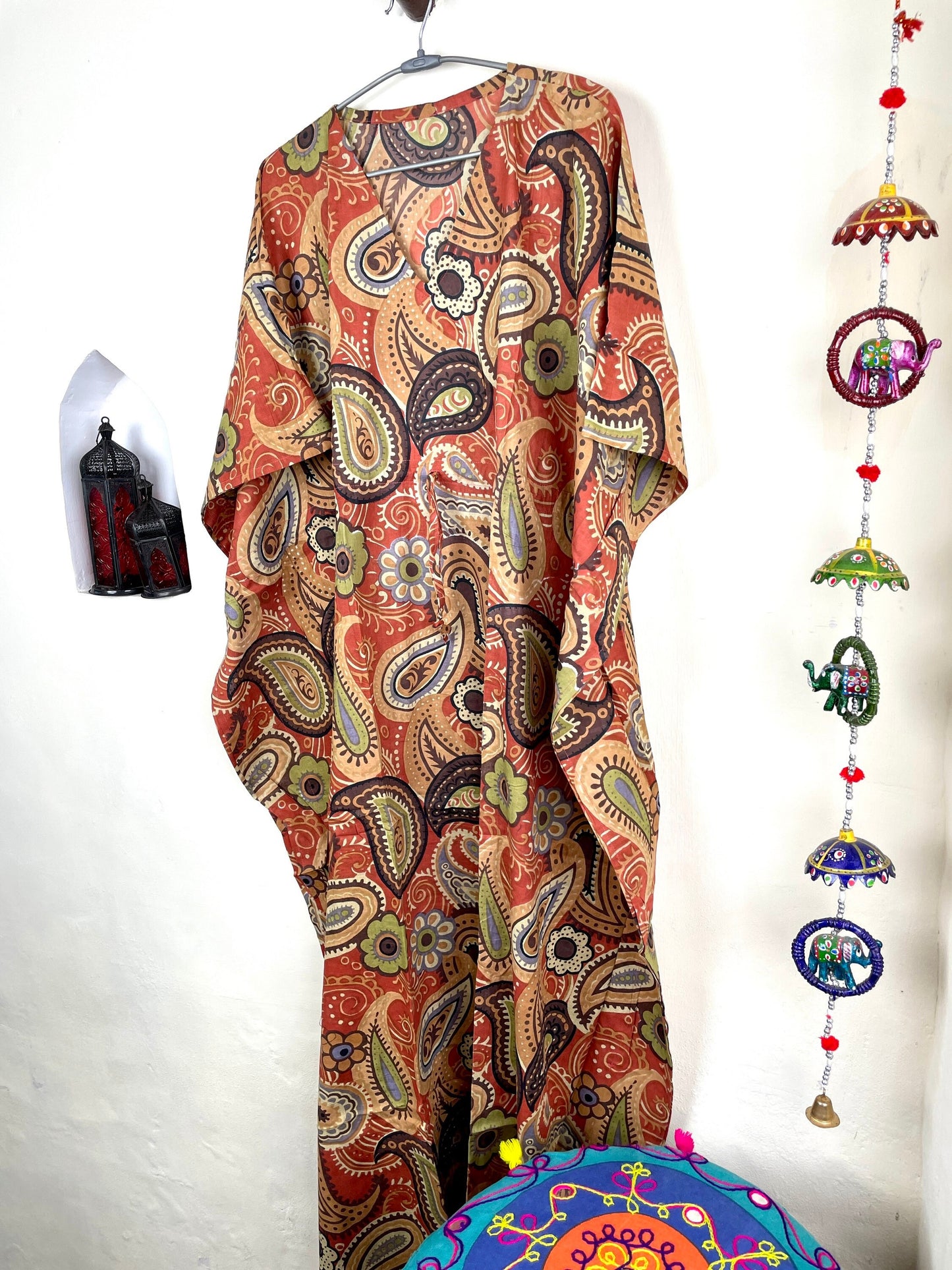 Orange Handmade Cotton Kaftan Dress, Long Caftan, Beach cover up, Hand Print Women's Dress, Resort Wear, Sleepwear