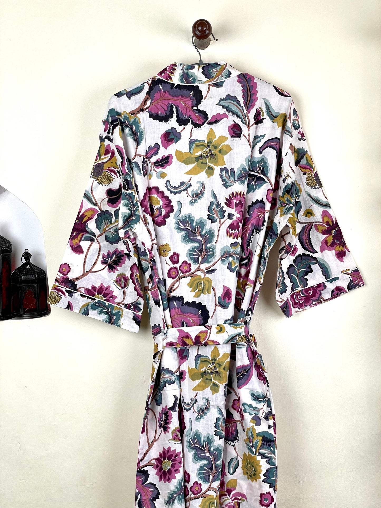 Beautifull White & Purple Floral Cotton Kimono Robe, Full Length Kimono, Beach cover up, Women's Robe, Resort Wear, Bikini Cover ups