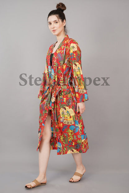 Trendy Cotton Kimono Elegant Red Frida Kahlo Print Bathrobe Resort Wear Beach Bikini Cover-ups Boho Kimono Bathrobe, Gift for Her