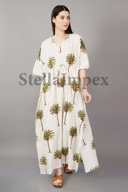 Indian Hand Block Printed Cotton Kaftan Classy White Long Caftan Resort Wear Beach Dress Boho Kaftan, Gift for Her