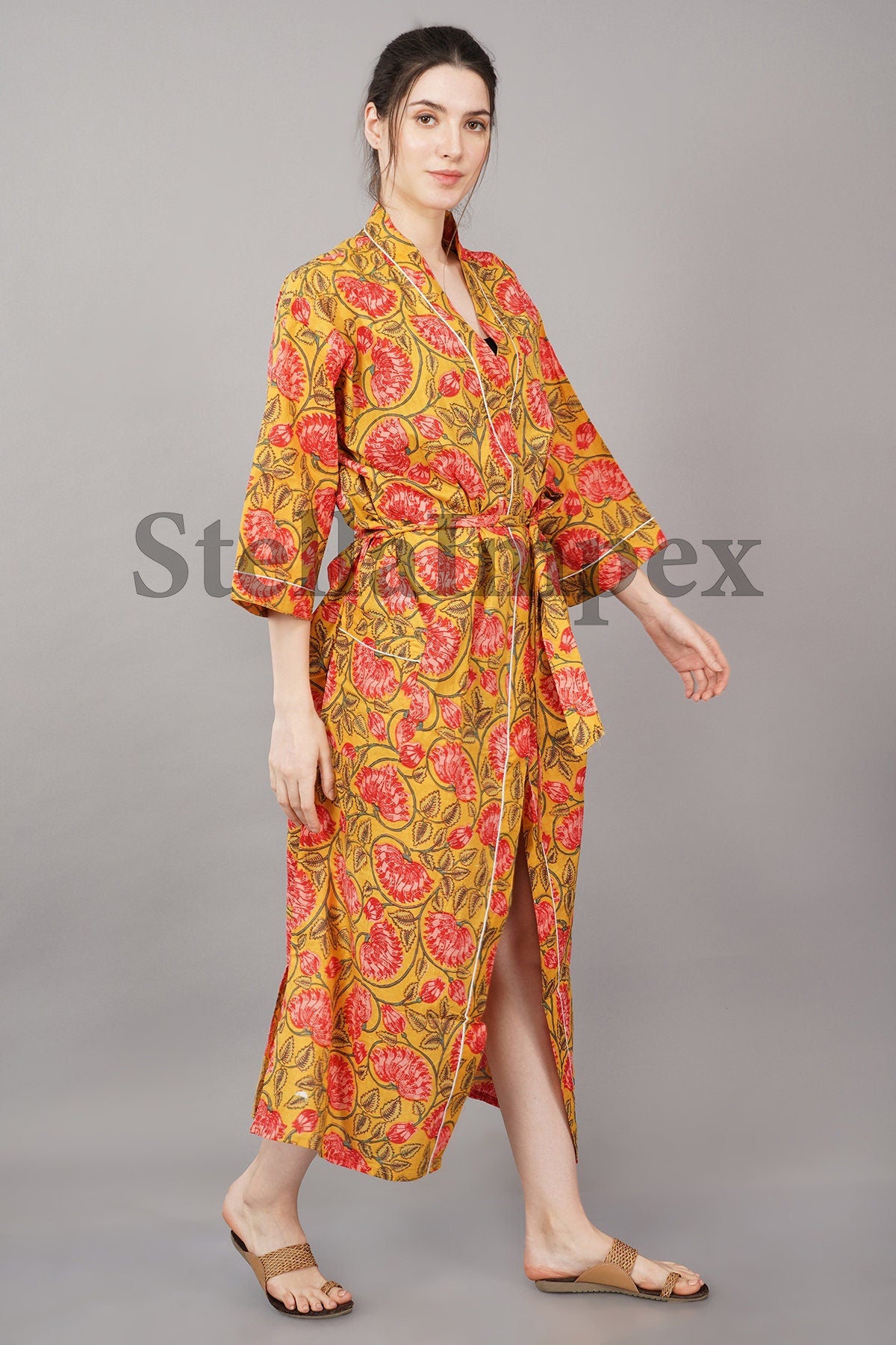 Trendy Cotton Kimono Elegant Yellow & Pink Floral Bathrobe Resort Wear Beach Bikini Cover-ups Boho Kimono Bathrobe, Gift for Her