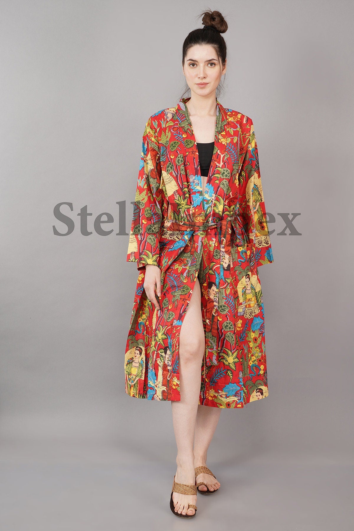 Trendy Cotton Kimono Elegant Red Frida Kahlo Print Bathrobe Resort Wear Beach Bikini Cover-ups Boho Kimono Bathrobe, Gift for Her
