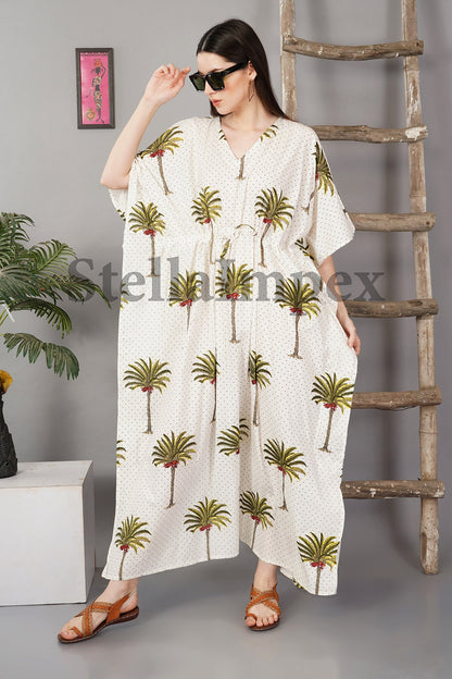 Indian Hand Block Printed Cotton Kaftan Classy White Long Caftan Resort Wear Beach Dress Boho Kaftan, Gift for Her