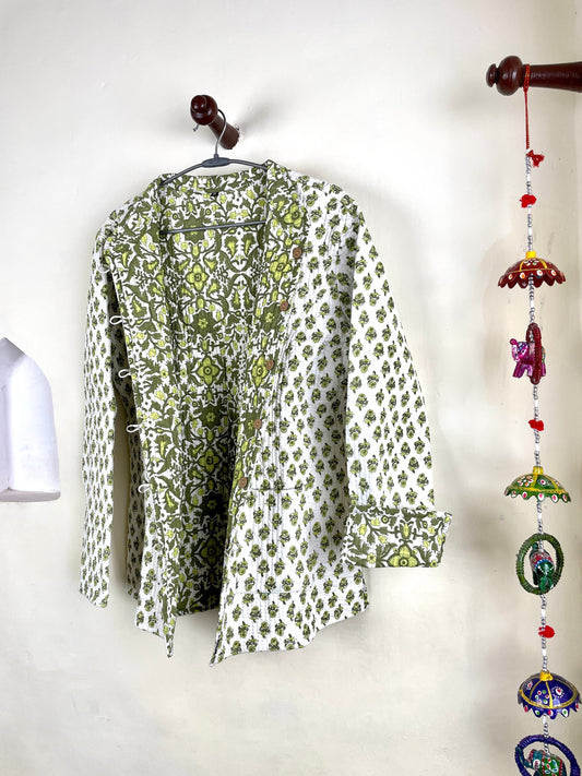Indian Handmade Quilted Cotton Fabric Jacket Stylish White & Green Floral Women's Coat, Reversible Waistcoat for Her