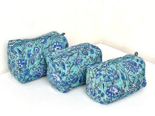 Cotton Quilted Toiletry Bag, Elegant Floral Hand Block Print Fabric Wash Bag, Pack of 3 Green & Blue Makeup Bag, Gift for She, Her