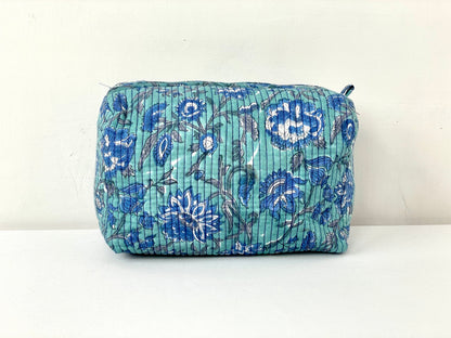 Cotton Quilted Toiletry Bag, Elegant Floral Hand Block Print Fabric Wash Bag, Pack of 3 Green & Blue Makeup Bag, Gift for She, Her