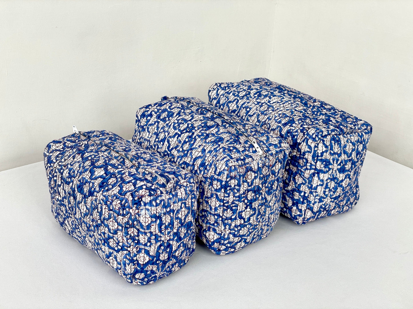 Cotton Quilted Toiletry Bag, Elegant Floral Hand Block Print Fabric Wash Bag, Pack of 3 Blue & White Makeup Bag, Gift for She, Her