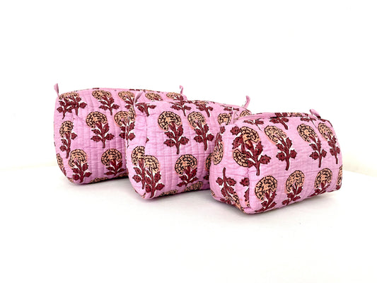 Cotton Quilted Toiletry Bag, Elegant Floral Hand Block Print Fabric Wash Bag, Pack of 3 Pink Makeup Bag, Gift for She, Her