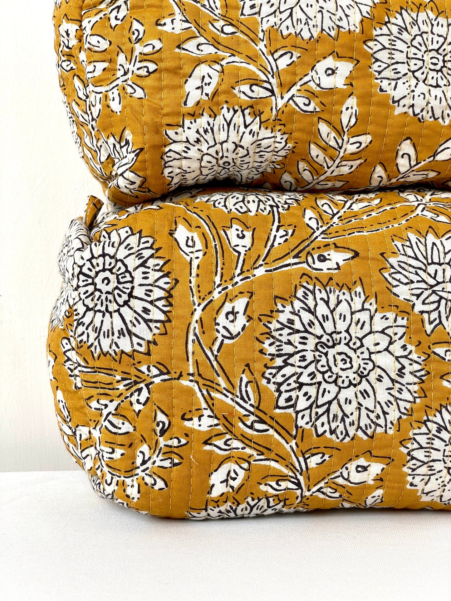Cotton Quilted Toiletry Bag, Elegant Floral Hand Block Print Fabric Wash Bag, Pack of 3 Mustard & White Makeup Bag, Gift for She, Her