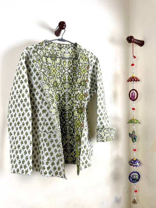 Indian Handmade Quilted Cotton Fabric Jacket Stylish White & Green Floral Women's Coat, Reversible Waistcoat for Her