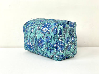 Cotton Quilted Toiletry Bag, Elegant Floral Hand Block Print Fabric Wash Bag, Pack of 3 Green & Blue Makeup Bag, Gift for She, Her