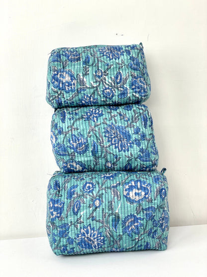 Cotton Quilted Toiletry Bag, Elegant Floral Hand Block Print Fabric Wash Bag, Pack of 3 Green & Blue Makeup Bag, Gift for She, Her