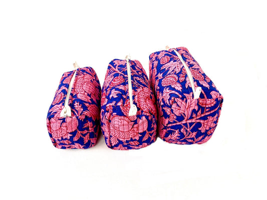Cotton Quilted Toiletry Bag, Elegant Floral Hand Block Print Fabric Wash Bag, Pack of 3 Blue & Pink Makeup Bag, Gift for She, Her