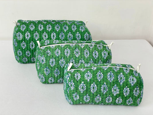Cotton Quilted Toiletry Bag, Elegant Floral Hand Block Print Fabric Wash Bag, Pack of 3 Green & White Makeup Bag, Gift for She, Her