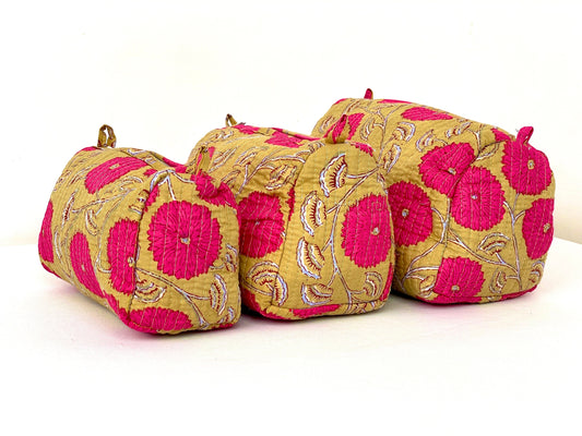 Cotton Quilted Toiletry Bag, Elegant Floral Hand Block Print Fabric Wash Bag, Pack of 3 Mustard & Pink Makeup Bag, Gift for She, Her