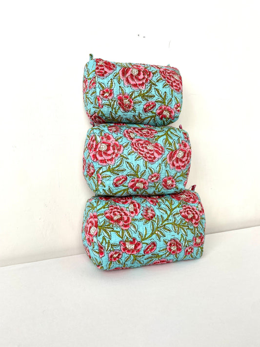 Cotton Quilted Toiletry Bag, Elegant Floral Hand Block Print Fabric Wash Bag, Pack of 3 Blue & Pink Makeup Bag, Gift for She, Her