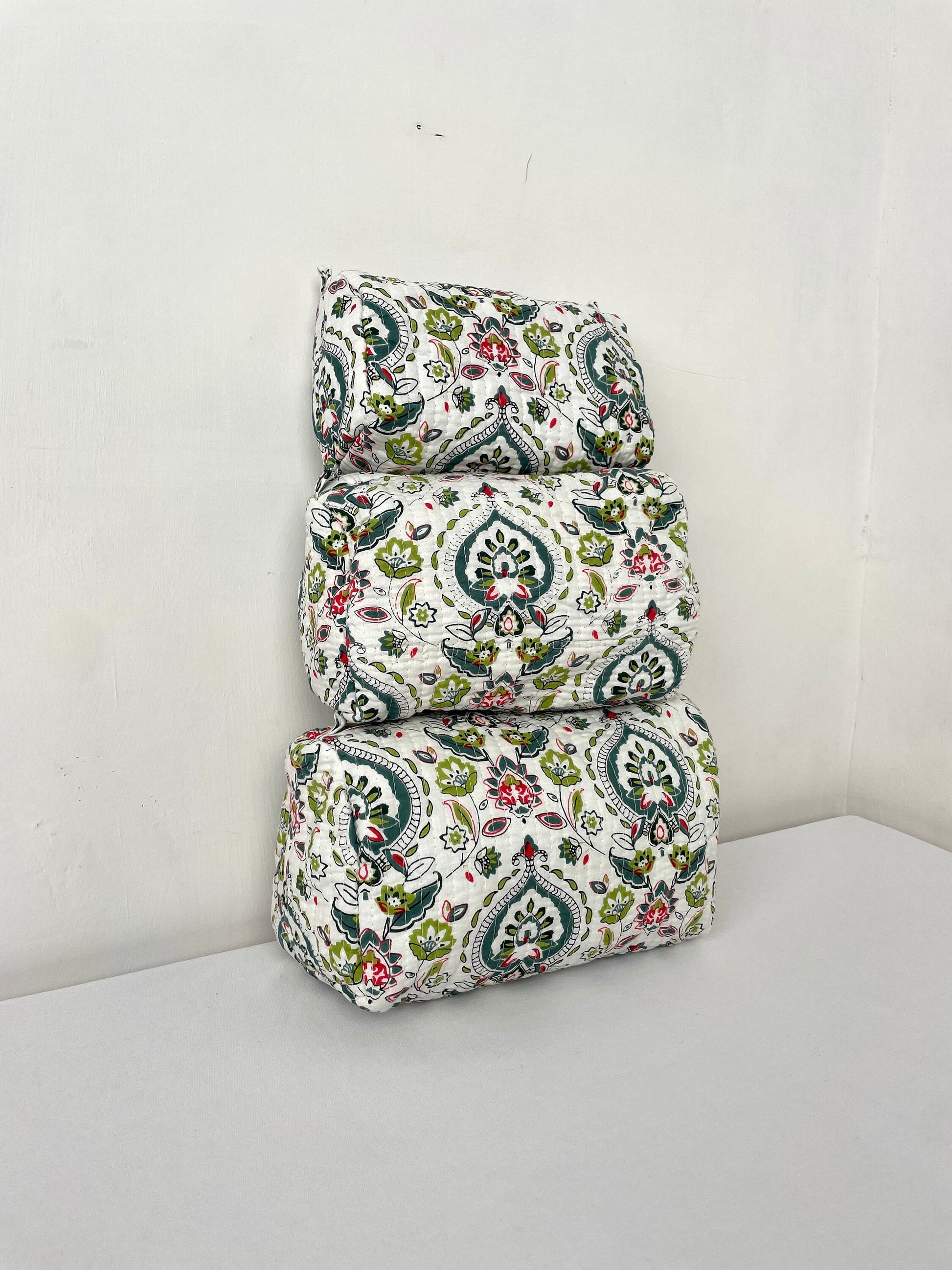 Cotton Quilted Toiletry Bag, Elegant Floral Hand Block Print Fabric Wash Bag, Pack of 3 White & Green Makeup Bag, Gift for She, Her