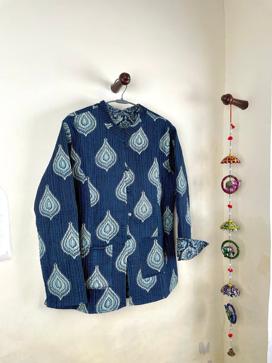 Indian Handmade Quilted Kantha Cotton Jacket Stylish Blue & White Women's Coat, Reversible Waistcoat for Her