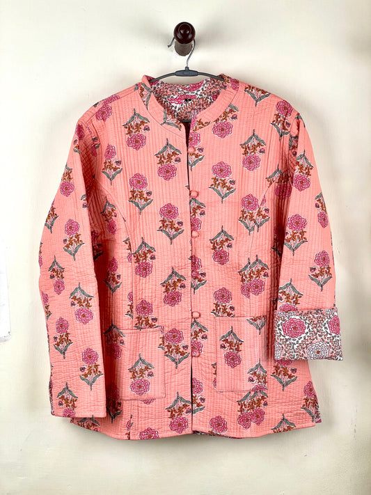 Indian Handmade Quilted Fabric Jacket Stylish Pink Floral Women's Coat, Reversible Jacket for Her