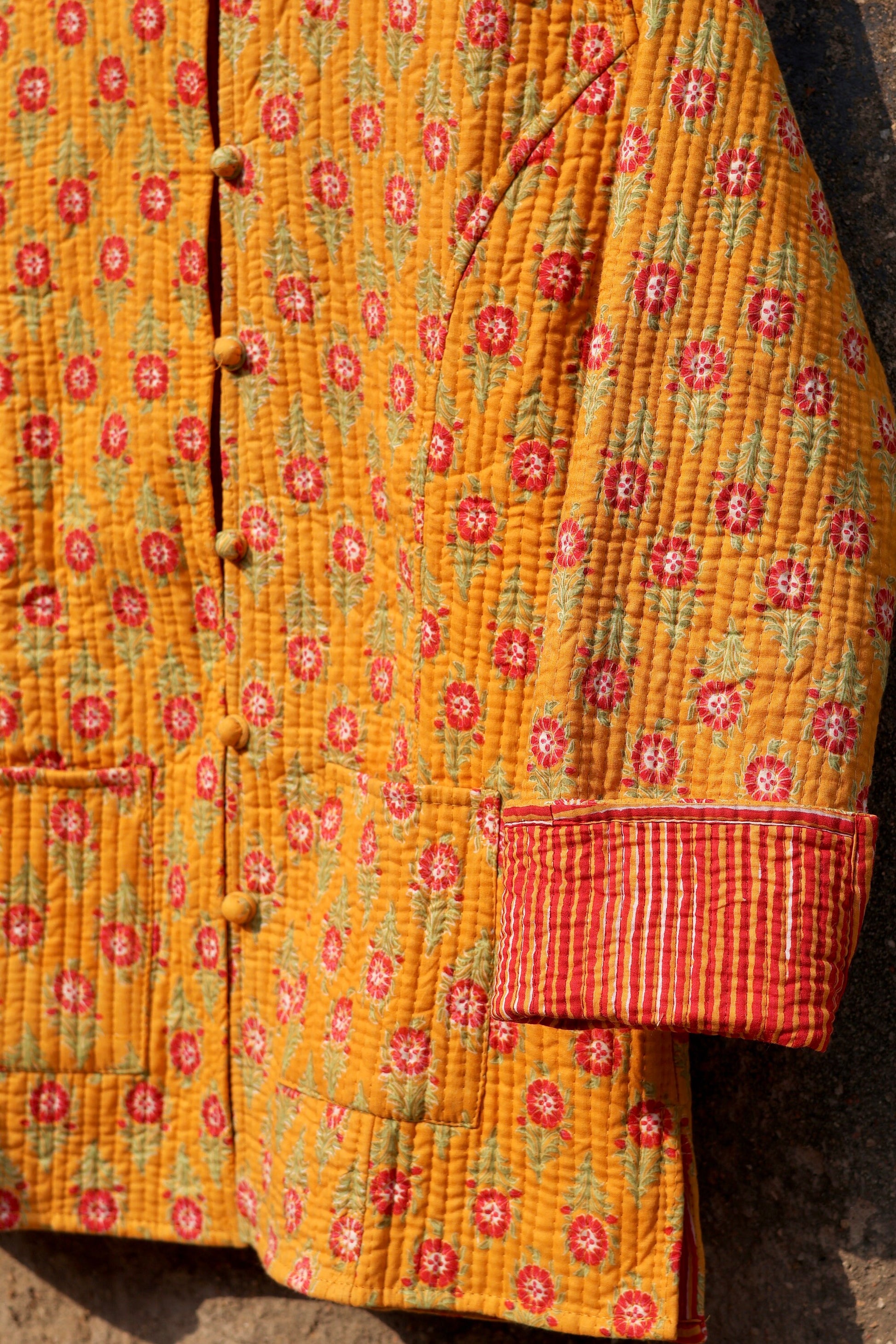 Indian Handmade Quilted Kantha Cotton Fabric Jacket Stylish Yellow Floral Women's Coat, Reversible Waistcoat for Her
