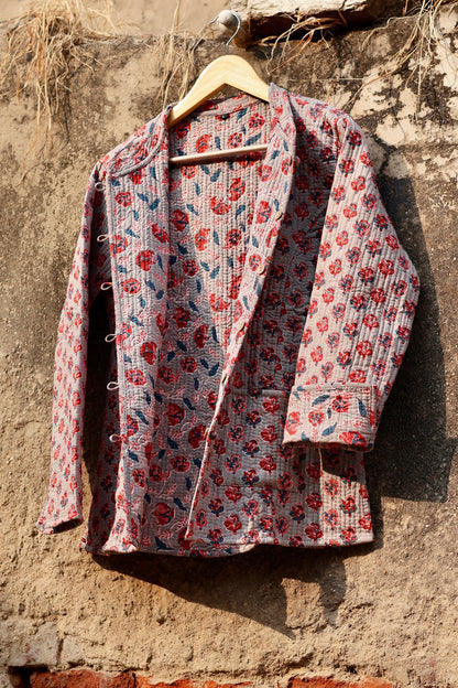 Indian Handmade Quilted Cotton Fabric Jacket Stylish Grey & Red Floral Women's Coat, Reversible Waistcoat for Her