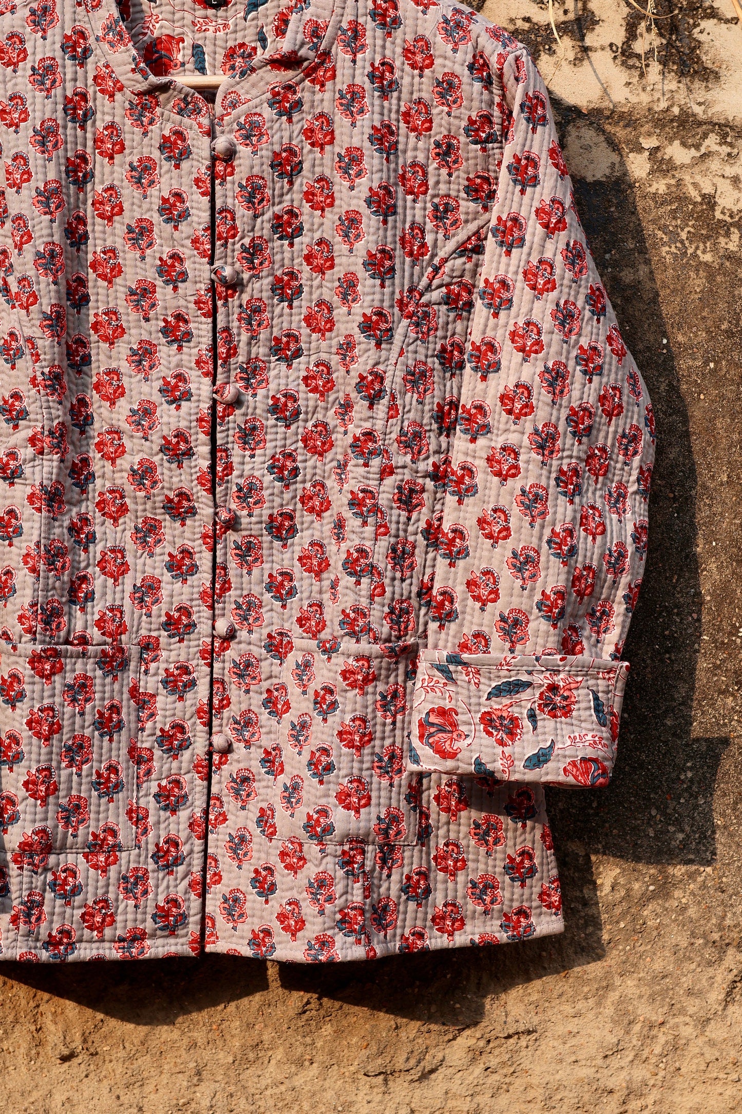 Indian Handmade Quilted Cotton Fabric Jacket Stylish Grey & Red Floral Women's Coat, Reversible Waistcoat for Her