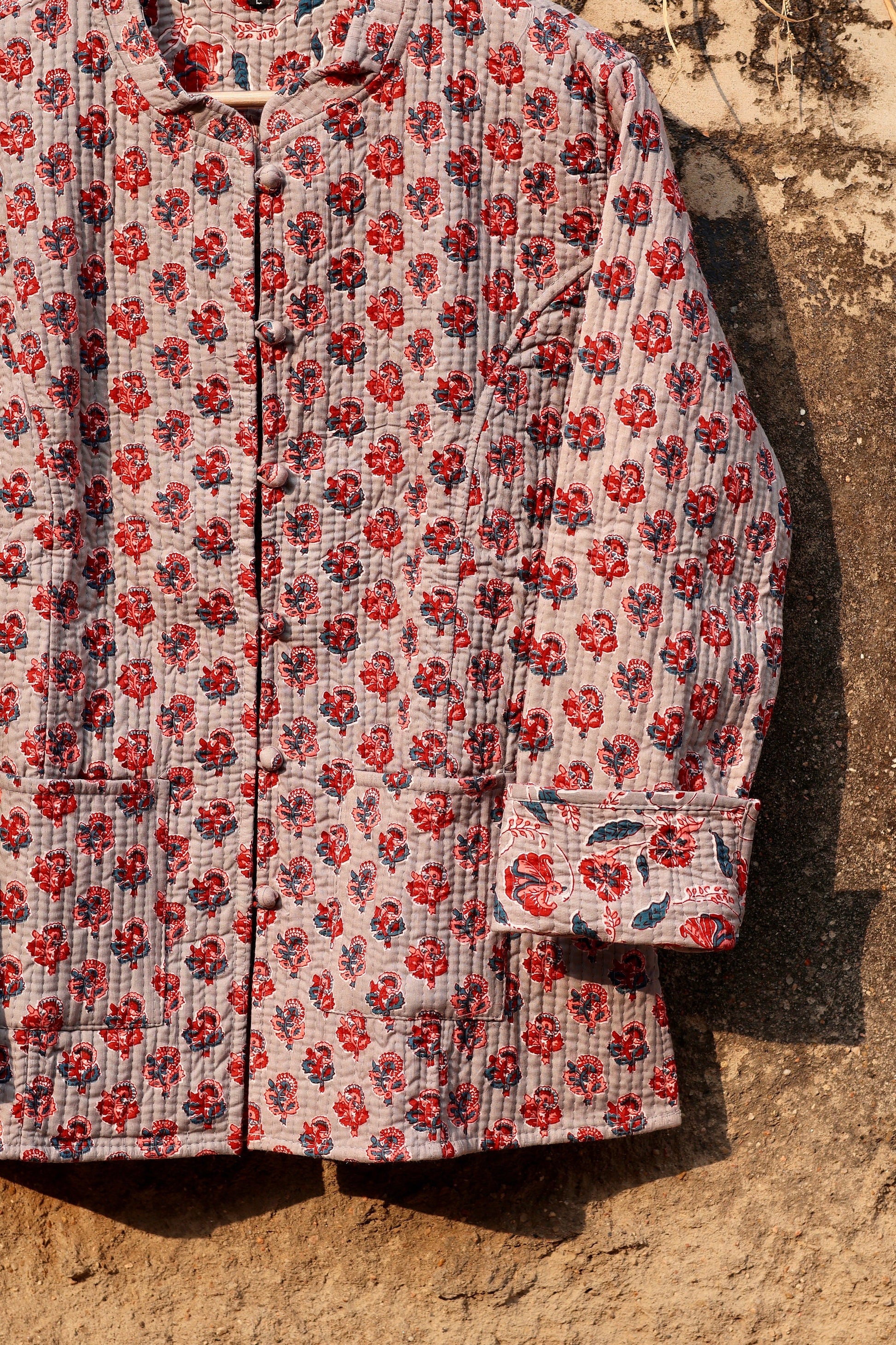 Indian Handmade Quilted Cotton Fabric Jacket Stylish Grey & Red Floral Women's Coat, Reversible Waistcoat for Her
