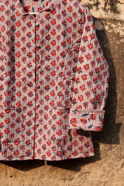 Indian Handmade Quilted Cotton Fabric Jacket Stylish Grey & Red Floral Women's Coat, Reversible Waistcoat for Her