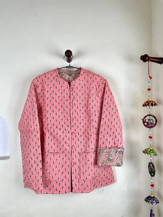 Indian Handmade Quilted Cotton Fabric Jacket Stylish Pink Floral Women's Coat, Reversible Waistcoat, Christmas Gift for Her