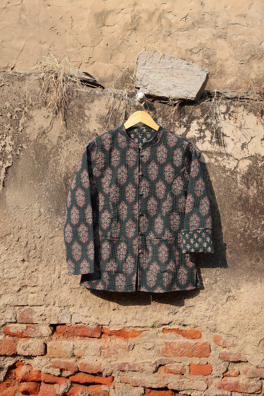 Indian Handmade Quilted Kantha Cotton Fabric Jacket Stylish Green Floral Women's Coat, Reversible Waistcoat for Her