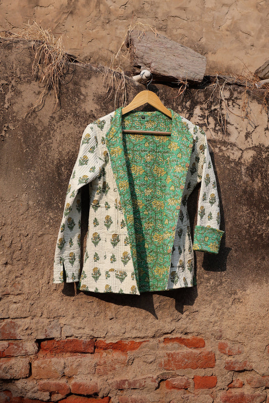 Indian Handmade Quilted Cotton Fabric Jacket Stylish White & Green Floral Women's Coat, Reversible Waistcoat for Her
