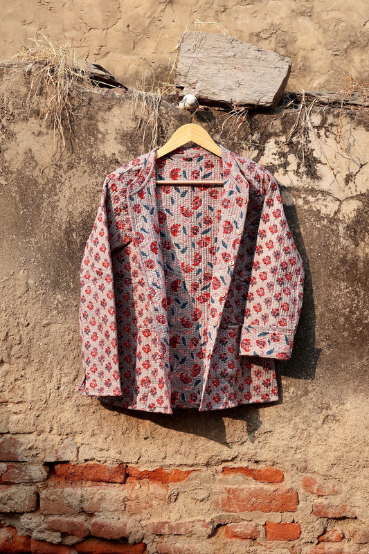 Indian Handmade Quilted Cotton Fabric Jacket Stylish Grey & Red Floral Women's Coat, Reversible Waistcoat for Her