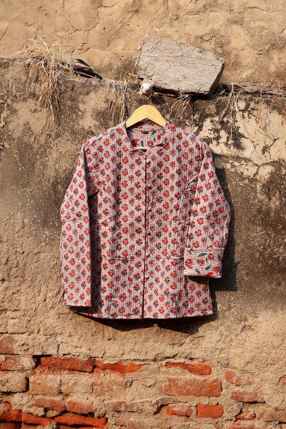 Indian Handmade Quilted Cotton Fabric Jacket Stylish Grey & Red Floral Women's Coat, Reversible Waistcoat for Her