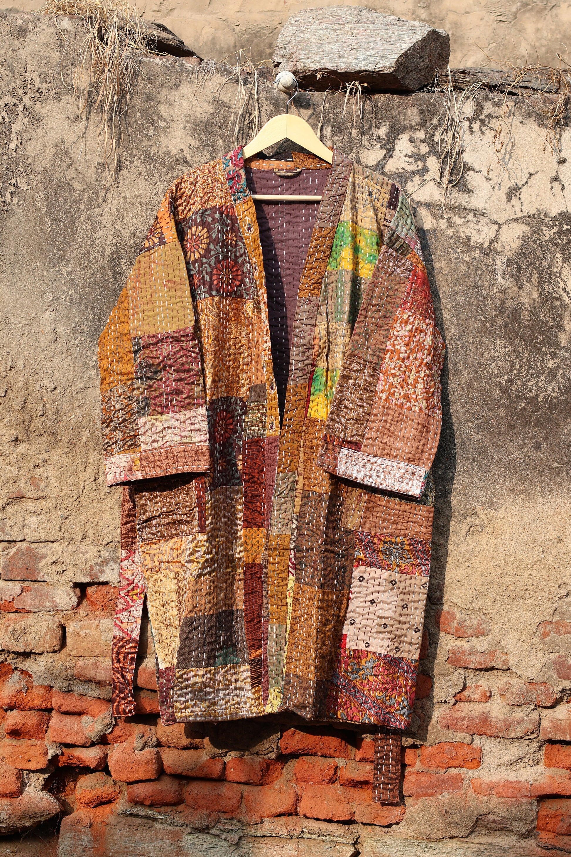 Vintage Handmade Silk Patchwork Kantha Kimono Robe | Indian Silk Kantha Jacket Kimono Robe | Bridesmaid Robe | Kantha Kimono
