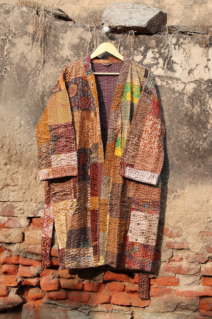 Vintage Handmade Silk Patchwork Kantha Kimono Robe | Indian Silk Kantha Jacket Kimono Robe | Bridesmaid Robe | Kantha Kimono