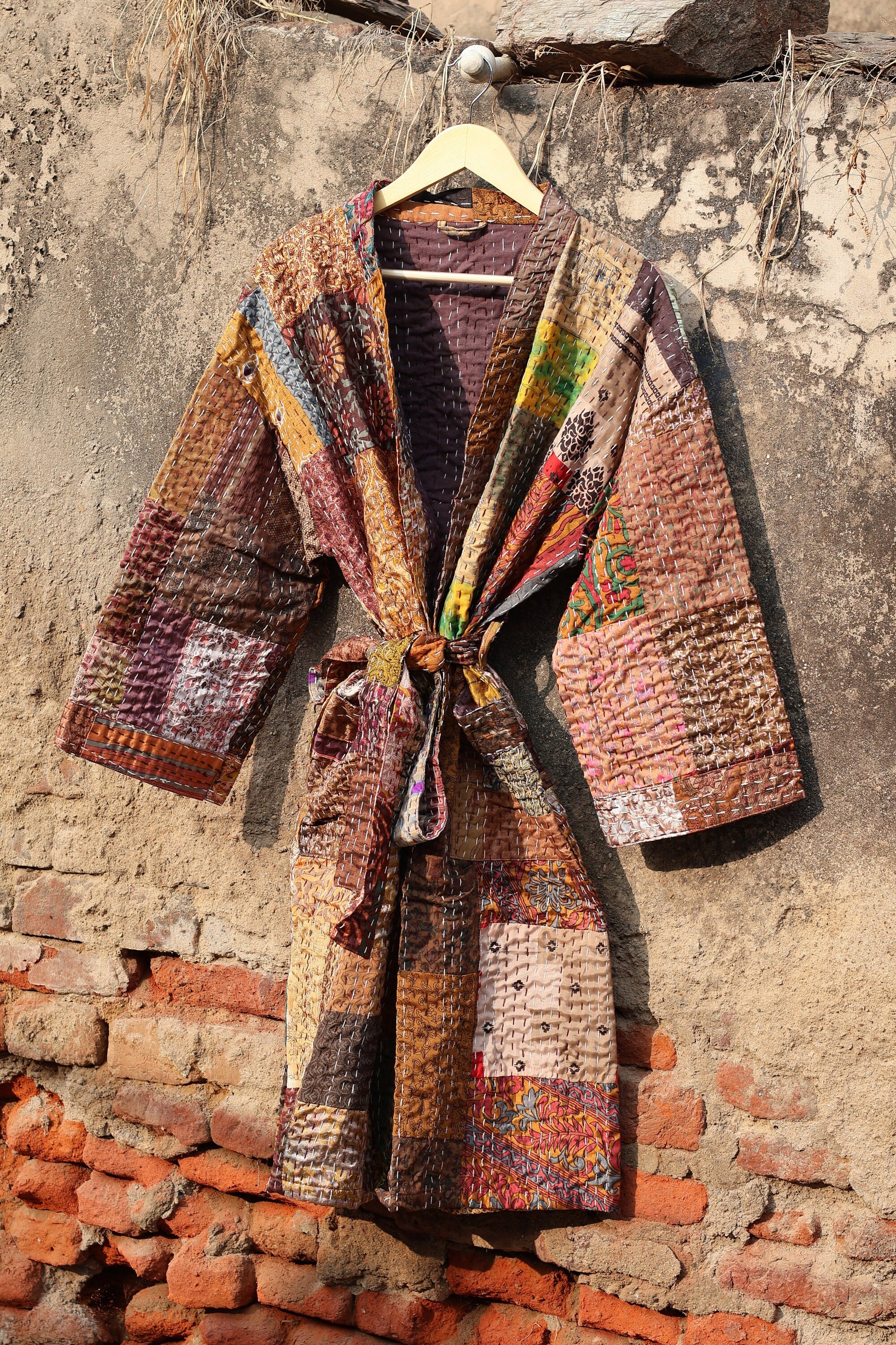 Vintage Handmade Silk Patchwork Kantha Kimono Robe | Indian Silk Kantha Jacket Kimono Robe | Bridesmaid Robe | Kantha Kimono